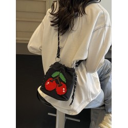 Large-capacity commuter cherry embroidery bag, women's bag, summer new single-shoulder crossbody phone bag, fashionable and versatile bucket bag