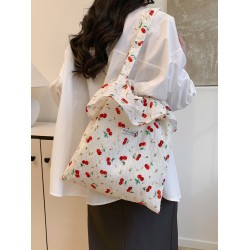 The 2025 summer new cherry floral large-capacity single-shoulder tote bag for class commuting, with chiffon and lotus leaf edges