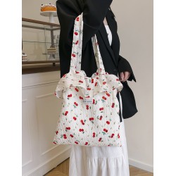 The 2025 summer new cherry floral large-capacity single-shoulder tote bag for class commuting, with chiffon and lotus leaf edges