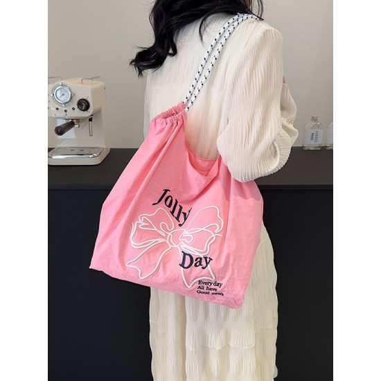 The 2025 summer new ball chain bow embroidery bag, large-capacity single-shoulder tote bag, and class commuting bag