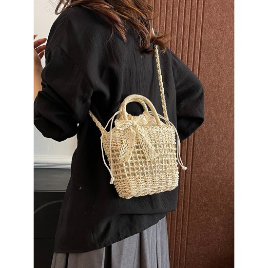 Summer new seaside vacation fashionable and versatile small square bag, simple straw woven bucket bag, single-shoulder crossbody bag Summer new seaside vacation fashionable and versatile small square bag, simple straw woven bucket bag, single-shoulder crossbody bag