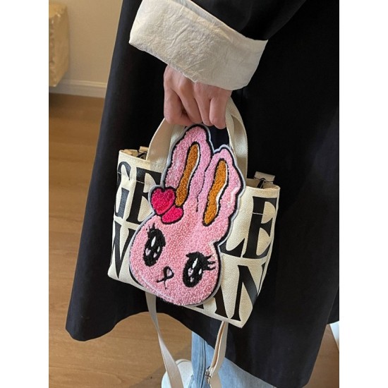 Gentle Woman embroidered one-shoulder crossbody canvas bag, small square bag with rabbit letter prints, mobile phone bag