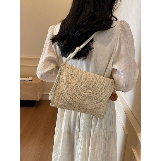 New casual single-shoulder bag with a ball, women's bag, fashionable and versatile straw bag, beach vacation bag New casual single-shoulder bag with a ball, women's bag, fashionable and versatile straw bag, beach vacation bag
