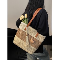 The 2025 summer new large-capacity single-shoulder tote bag, tassel straw woven bag, fashionable and versatile women's bag, beach bag