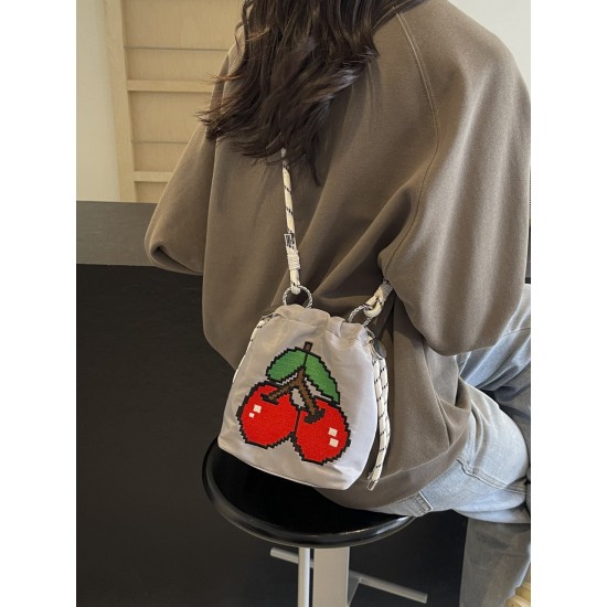 Large-capacity commuter cherry embroidery bag, women's bag, summer new single-shoulder crossbody phone bag, fashionable and versatile bucket bag Large-capacity commuter cherry embroidery bag, women's bag, summer new single-shoulder crossbody phone bag, fashionable and versatile bucket bag