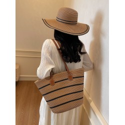 2025 new color-blocking beach resort bag, straw woven bag, large-capacity fashionable and versatile single-shoulder tote bag