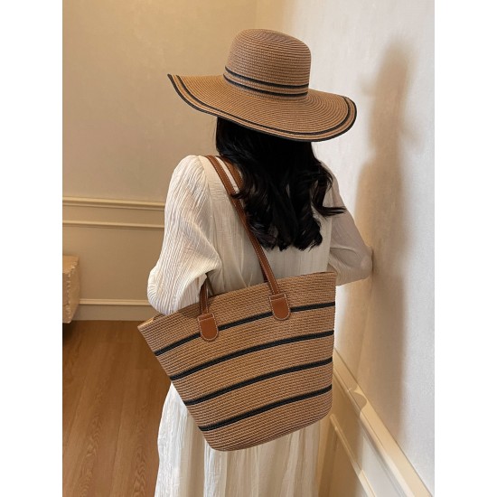 2025 new color-blocking beach resort bag, straw woven bag, large-capacity fashionable and versatile single-shoulder tote bag