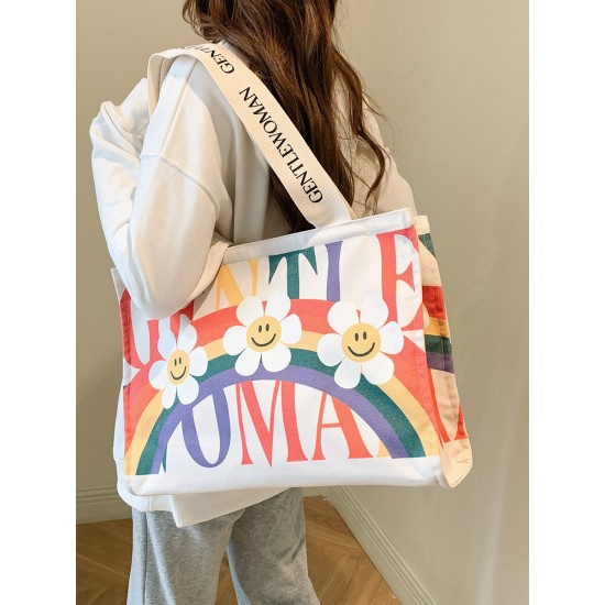 The new Gentle Woman large-capacity single-shoulder tote rainbow canvas bag is a versatile class and commuting bag for girls The new Gentle Woman large-capacity single-shoulder tote rainbow canvas bag is a versatile class and commuting bag for girls