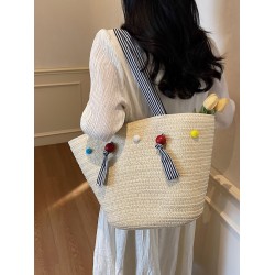 2025 Summer new cute ball straw woven bag, beach vacation beach bag, large-capacity single-shoulder tote bag