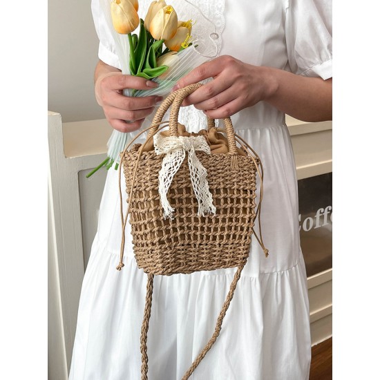 Summer new seaside vacation fashionable and versatile small square bag, simple straw woven bucket bag, single-shoulder crossbody bag Summer new seaside vacation fashionable and versatile small square bag, simple straw woven bucket bag, single-shoulder crossbody bag
