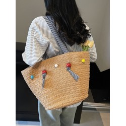 2025 Summer new cute ball straw woven bag, beach vacation beach bag, large-capacity single-shoulder tote bag