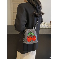 Large-capacity commuter cherry embroidery bag, women's bag, summer new single-shoulder crossbody phone bag, fashionable and versatile bucket bag