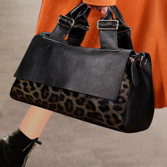 Qiandian leather large-capacity women's bag, 2025 new stylish leopard print handbag, women's large bag, soft leather ladies' bag
