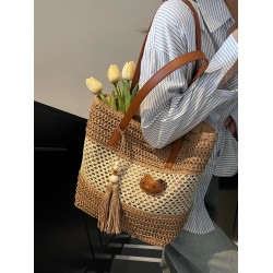 The 2025 summer new large-capacity single-shoulder tote bag, tassel straw woven bag, fashionable and versatile women's bag, beach bag