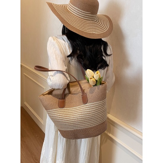 2025 new color-blocking beach resort bag, straw woven bag, large-capacity fashionable and versatile single-shoulder tote bag