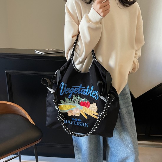 Gao Yuanyuan's same style canvas bag ball chain bag, eco-friendly bag, crossbody nylon women's large-capacity embroidered shopping bag