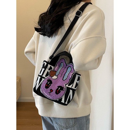 Gentle Woman embroidered one-shoulder crossbody canvas bag, small square bag with rabbit letter prints, mobile phone bag