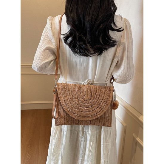 New casual single-shoulder bag with a ball, women's bag, fashionable and versatile straw bag, beach vacation bag New casual single-shoulder bag with a ball, women's bag, fashionable and versatile straw bag, beach vacation bag