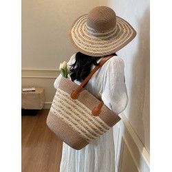 2025 new color-blocking beach resort bag, straw woven bag, large-capacity fashionable and versatile single-shoulder tote bag