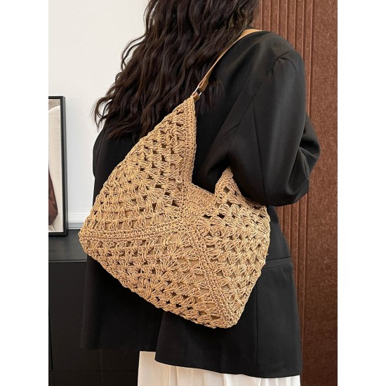 2025 summer new straw woven bag, large-capacity single-shoulder tote bag, beach vacation bag, versatile women's bag 2025 summer new straw woven bag, large-capacity single-shoulder tote bag, beach vacation bag, versatile women's bag
