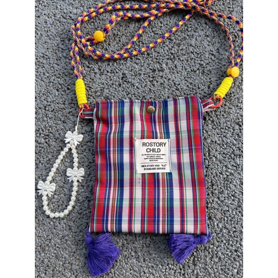 The 2025 summer new single-shoulder crossbody small square bag is a versatile color-blocking checkered tassel women's casual mobile phone bag