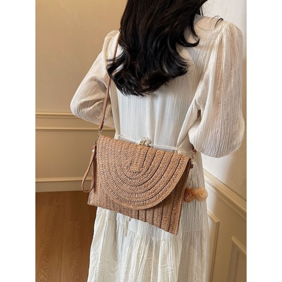 New casual single-shoulder bag with a ball, women's bag, fashionable and versatile straw bag, beach vacation bag New casual single-shoulder bag with a ball, women's bag, fashionable and versatile straw bag, beach vacation bag
