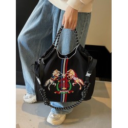 ball chain's new flame-embroidered shopping bag, waterproof foldable portable handbag, single-shoulder crossbody bag
